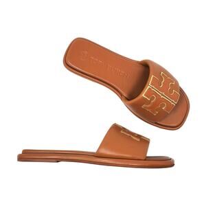 Tory Burch Double T Sport Slide Sandals Aged Camello Gold Leather 79985 Size 6.5